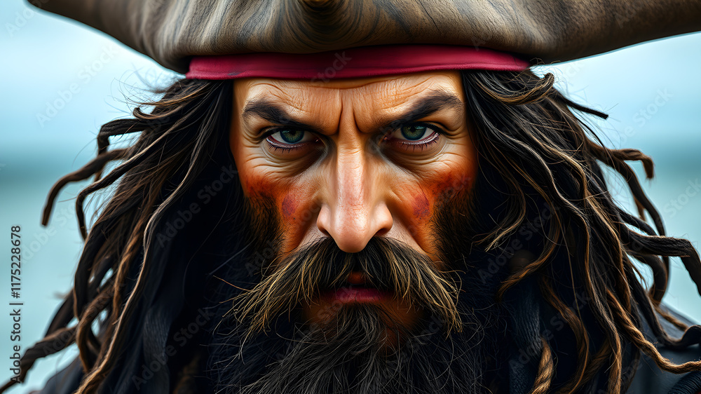 Male pirate, mid 40s, thick black beard, fierce look, realistic style, detailed facial features, weathered skin, intense gaze, traditional pirate attire, tricorn hat, rugged clothing. Generative AI Male pirate, mid 40s, thick black beard, fierce look, realistic style, detailed facial features, weathered skin, intense gaze, traditional pirate attire, tricorn hat, rugged clothing. Generative AI