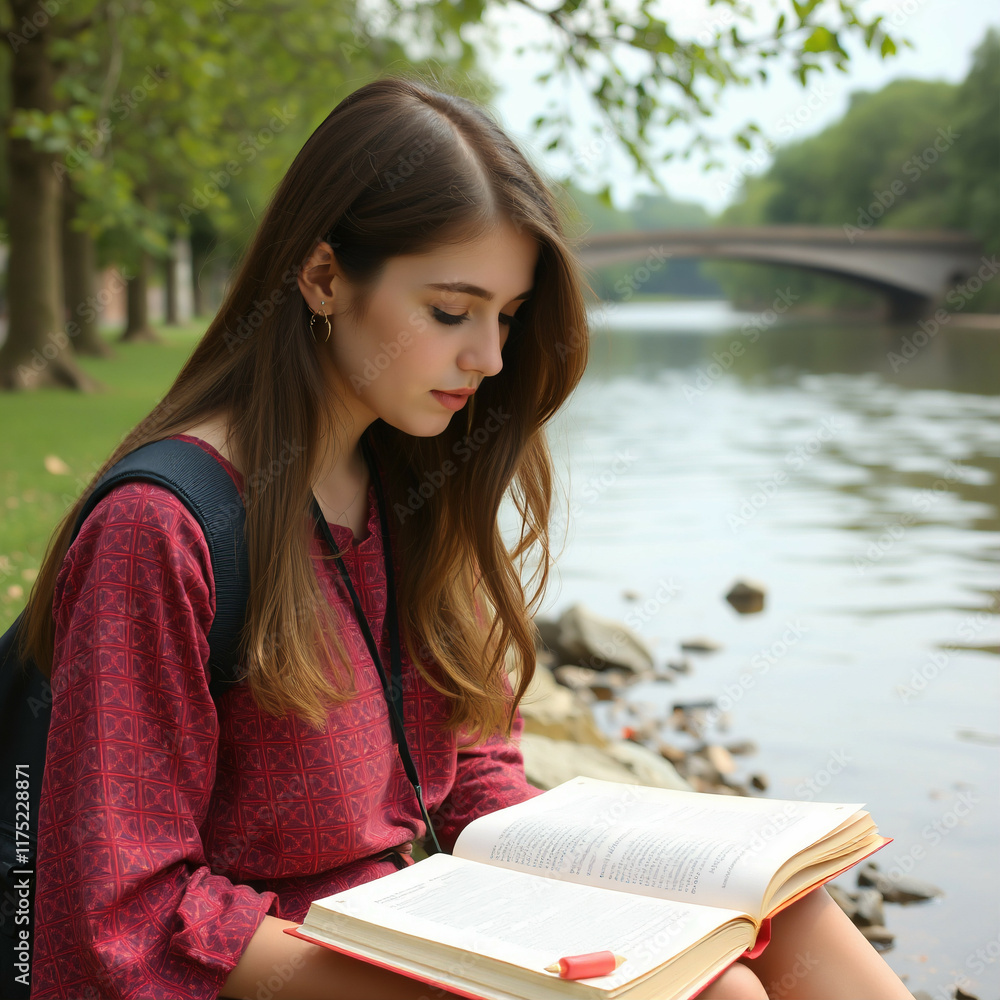 Obraz premium The college girl was deeply engrossed in her studies, diligently focused amidst the serene ambiance near the riverbank.