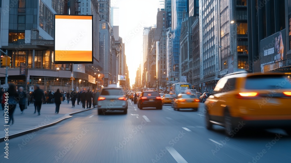 Naklejka premium Busy urban street at sunset with cars and pedestrians.