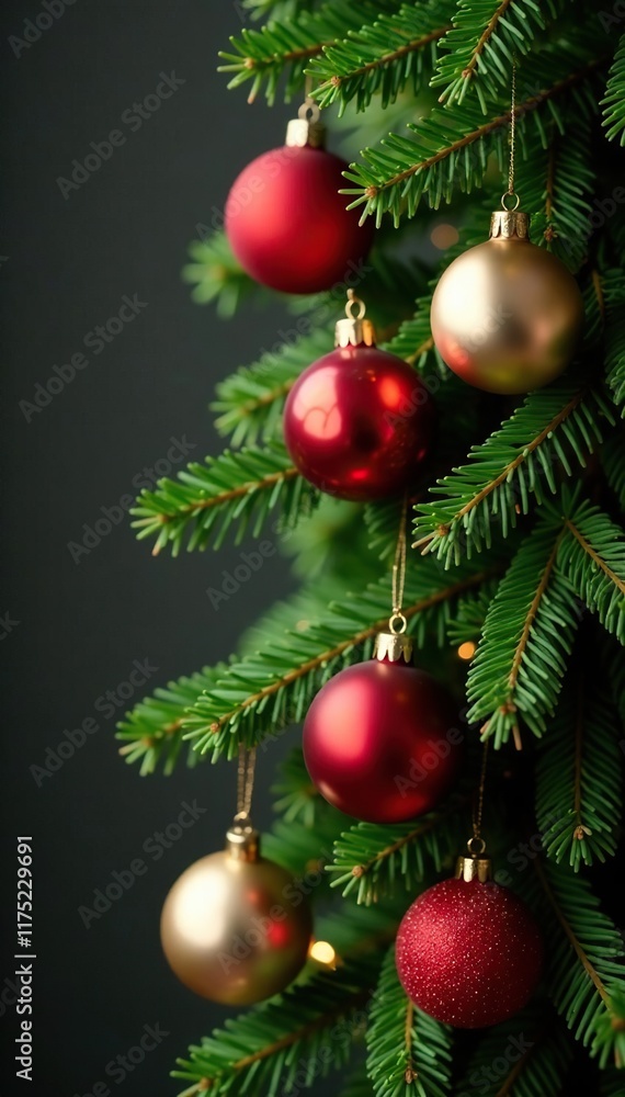 Spruce branch with red and gold Christmas balls, Ornamented garland, Red ornaments, Christmas decorations Spruce branch with red and gold Christmas balls, Ornamented garland, Red ornaments, Christmas decorations