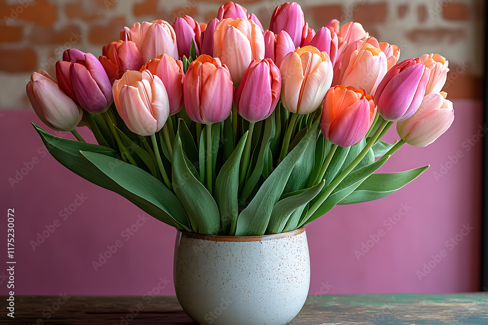 Obraz premium A beautiful bouquet of tulips in soft pastel shades, elegantly arranged in stylish wrapping, perfect for spring celebrations and festive moments