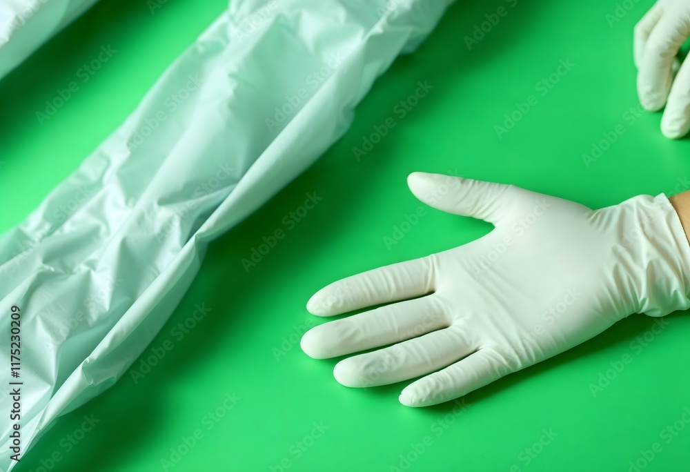 Fototapeta premium Close-up of white medical gloves and a crumpled light teal gown on a vibrant green background, emphasizing cleanliness and protection in healthcare settings. The image evokes a sense of preparedness