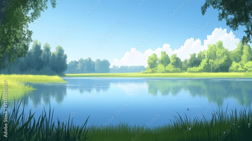 Obraz premium Serene Summer Lake Scene with Lush Green Foliage and Blue Sky