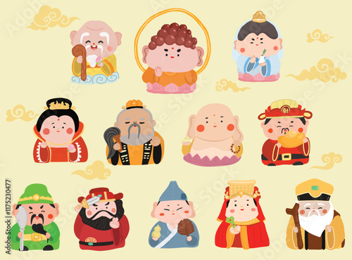 Tradition gods of the Chinese Collection. Buddha, Guanyin, God of longevity, Shouxing, Zhong Ku, Earth god, Tudigong, god of wealth. Maitreya Buddha, Taishang Laojun, The Mad Monk, Jigo. Vector