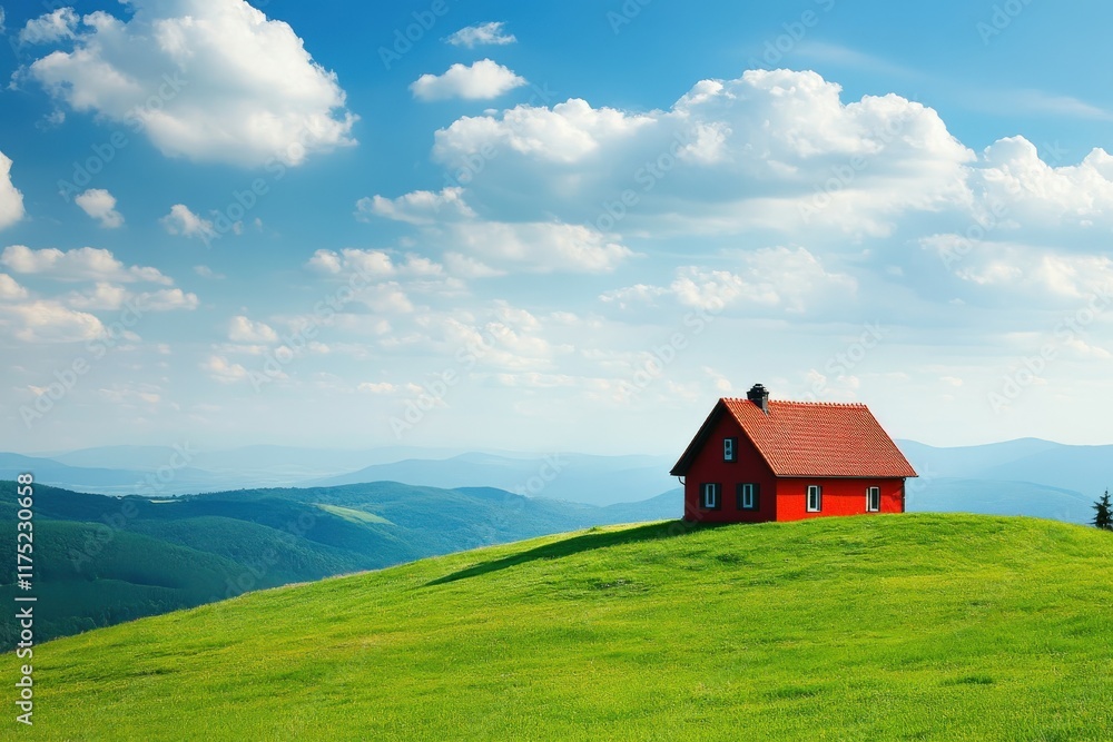 Bright red house on a hilltop surrounded by lush green fields and blue skies Bright red house on a hilltop surrounded by lush green fields and blue skies