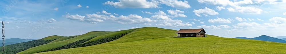 Serene hillside with a rustic cabin under a clear blue sky Serene hillside with a rustic cabin under a clear blue sky