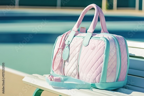 Stylish handbag with pastel color scheme sits on bench, radiatin photo