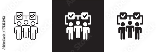 Teamwork cooperation icon set. Icons that have meaning of job done, relation, community, management, partner, social, interaction, communication. Vector icon design in thin line and flat design.