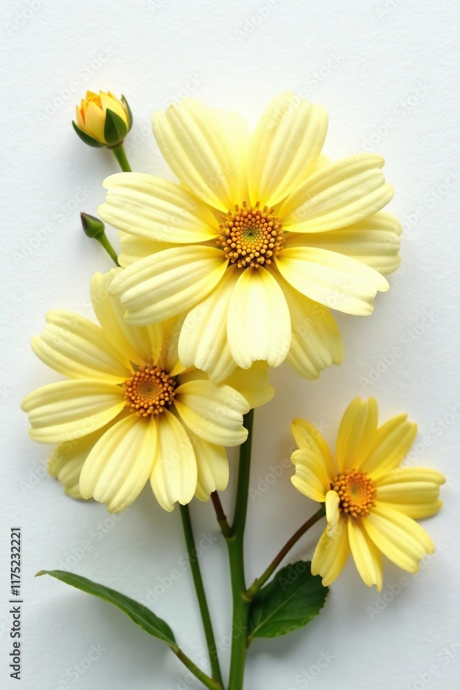 Obraz premium Yellow senecio bloom on white surface with beautiful flowers, beautiful, flowers