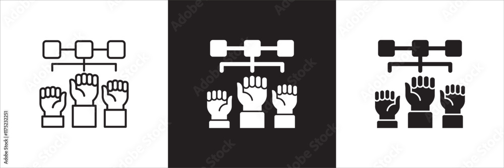 Obraz premium Teamwork cooperation icon set. Icons that have meaning of job done, relation, community, management, partner, social, interaction, communication. Vector icon design in thin line and flat design.