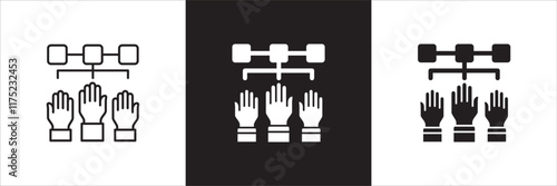 Teamwork cooperation icon set. Icons that have meaning of job done, relation, community, management, partner, social, interaction, communication. Vector icon design in thin line and flat design.