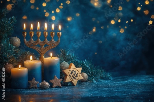 Festive menorah with glowing candles and decorative elements during Hanukkah celebrations photo