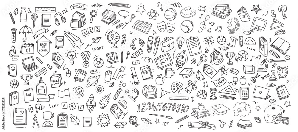 Back to school doodle elements. Vector illustration in line Back to school doodle elements. Vector illustration in line