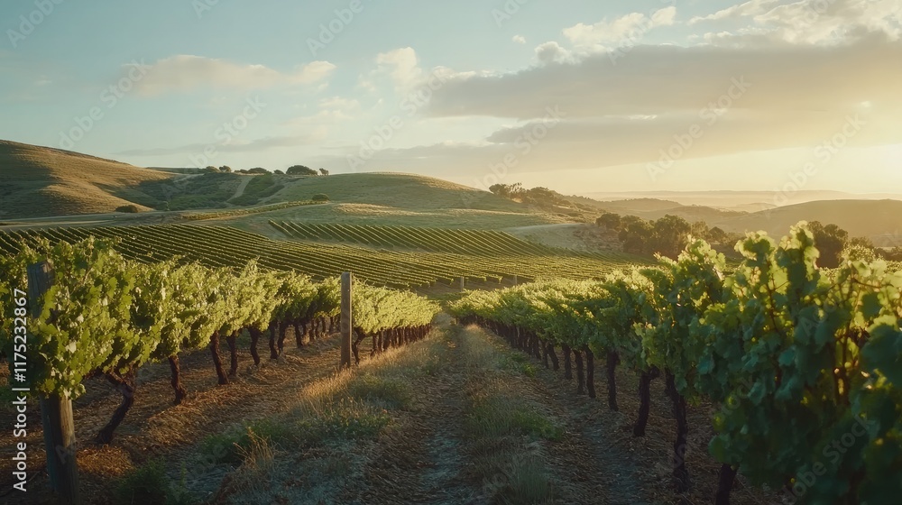 Naklejka premium Vineyard Rows Bask In Golden Sunset Light