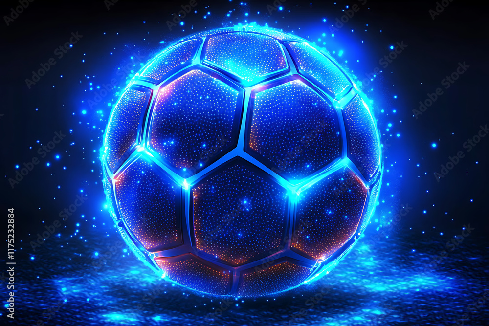 Obraz premium Glowing wireframe soccer ball with a classic hexagonal pattern, highlighted by a combination of blue and black data points, on a transparent background, blending sports and futuristic design.