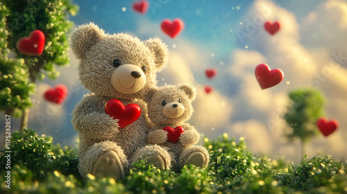 Teddy bears with red hearts in a sunny garden, symbolizing love and joy. Valentine's Day background