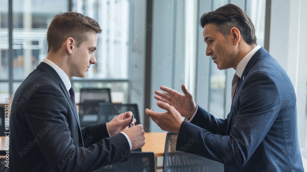 Two business professionals in formal attire engaged in an intense discussion during a corporate meeting in a modern conference room with large glass windows Two business professionals in formal attire engaged in an intense discussion during a corporate meeting in a modern conference room with large glass windows
