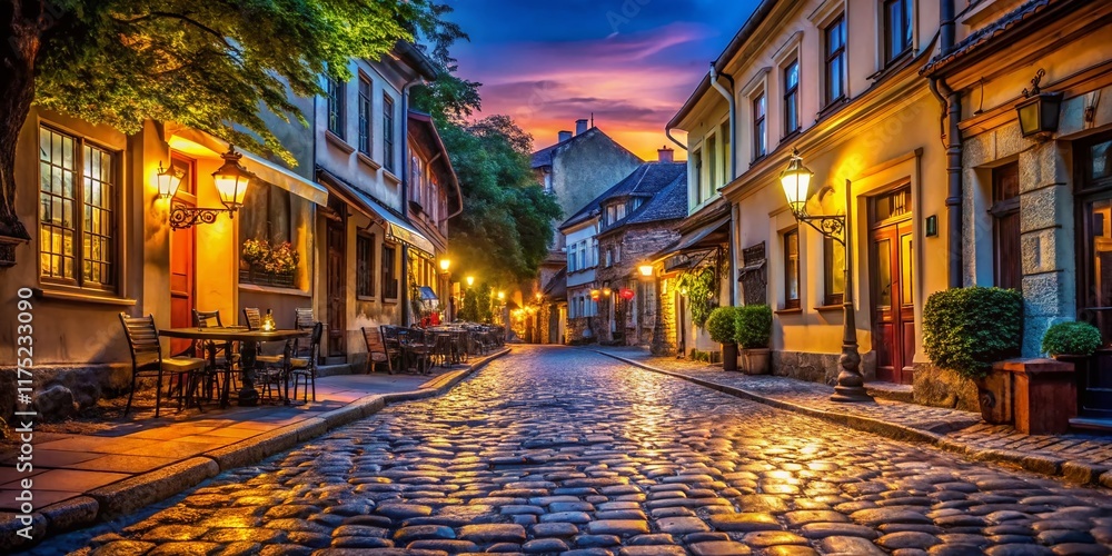Obraz premium Skadarlija Bohemian Quarter Belgrade Serbia - Cobblestone Street Night Scene