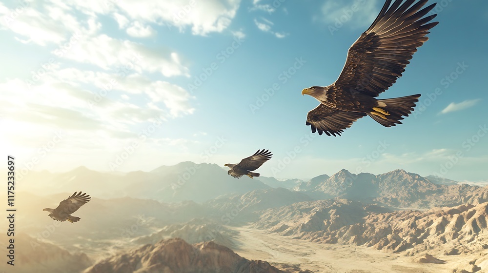 Naklejka premium Majestic Eagles Soaring Over Desert Mountains