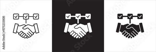 Teamwork cooperation icon set. Icons that have meaning of job done, relation, community, management, partner, social, interaction, communication. Vector icon design in thin line and flat design.