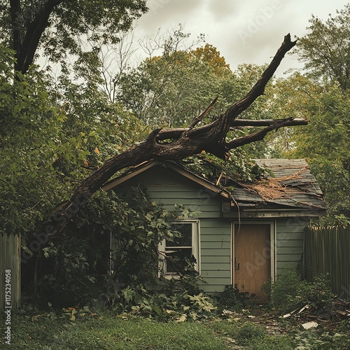 Fallen Tree on House Roof After Hurricane/Storm/Wind photo