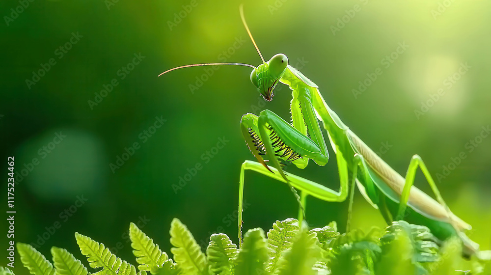 Delicate Green Praying Mantis Sitting Amidst Vibrant Green Foliage Delicate Green Praying Mantis Sitting Amidst Vibrant Green Foliage