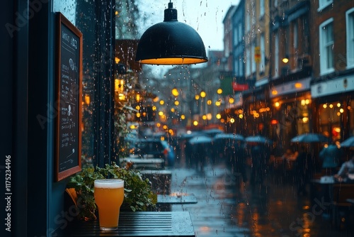 Cozy rainy evening with a glass of cold beer at a lively outdoor cafe in a vibrant city street photo