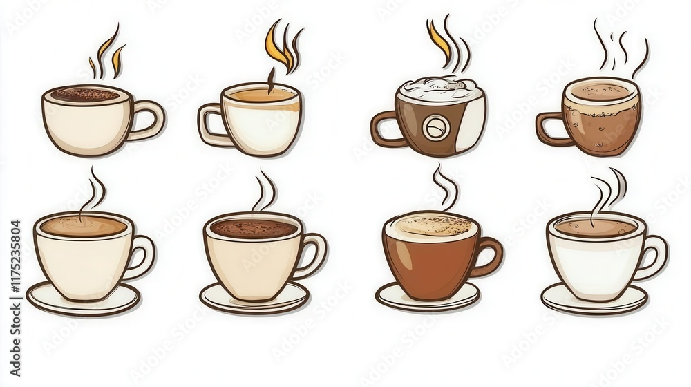Coffee Cup Clip Art icon set on a clean background, clip art style, vector illustration, coffee theme clip artwork for stickers, coffee shop graphics Coffee Cup Clip Art icon set on a clean background, clip art style, vector illustration, coffee theme clip artwork for stickers, coffee shop graphics