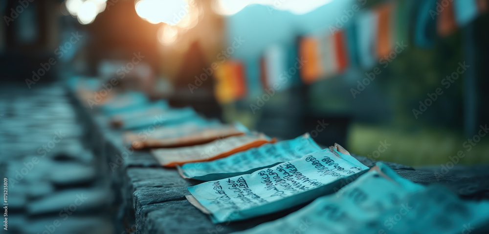 Colorful prayer flags and inscriptions gently rest on a stone wall, illuminated by warm sunlight in a serene outdoor setting. Colorful prayer flags and inscriptions gently rest on a stone wall, illuminated by warm sunlight in a serene outdoor setting.
