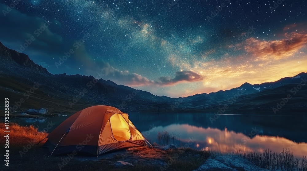 Illuminated Tent Beside Serene Mountain Lake Under Starry Sky Illuminated Tent Beside Serene Mountain Lake Under Starry Sky