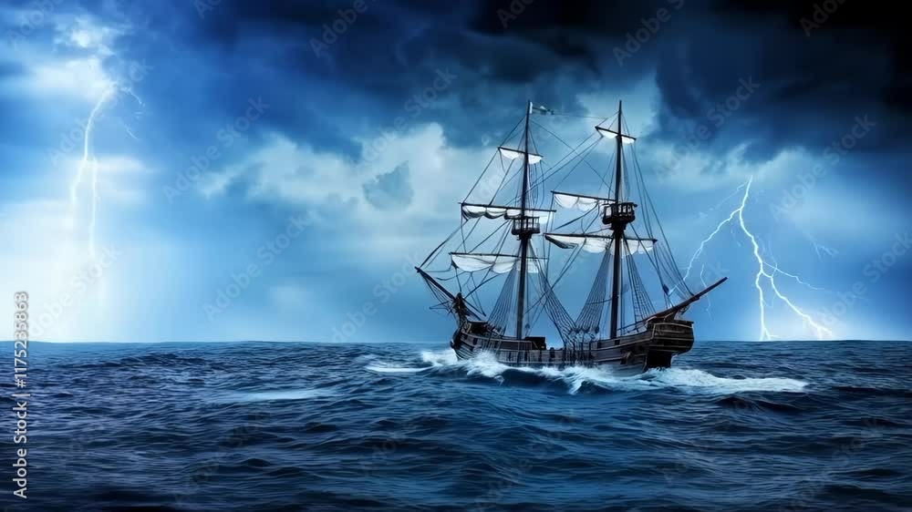 Ship navigating through a fierce storm with dramatic lightning and towering waves in darkened ocean Ship navigating through a fierce storm with dramatic lightning and towering waves in darkened ocean