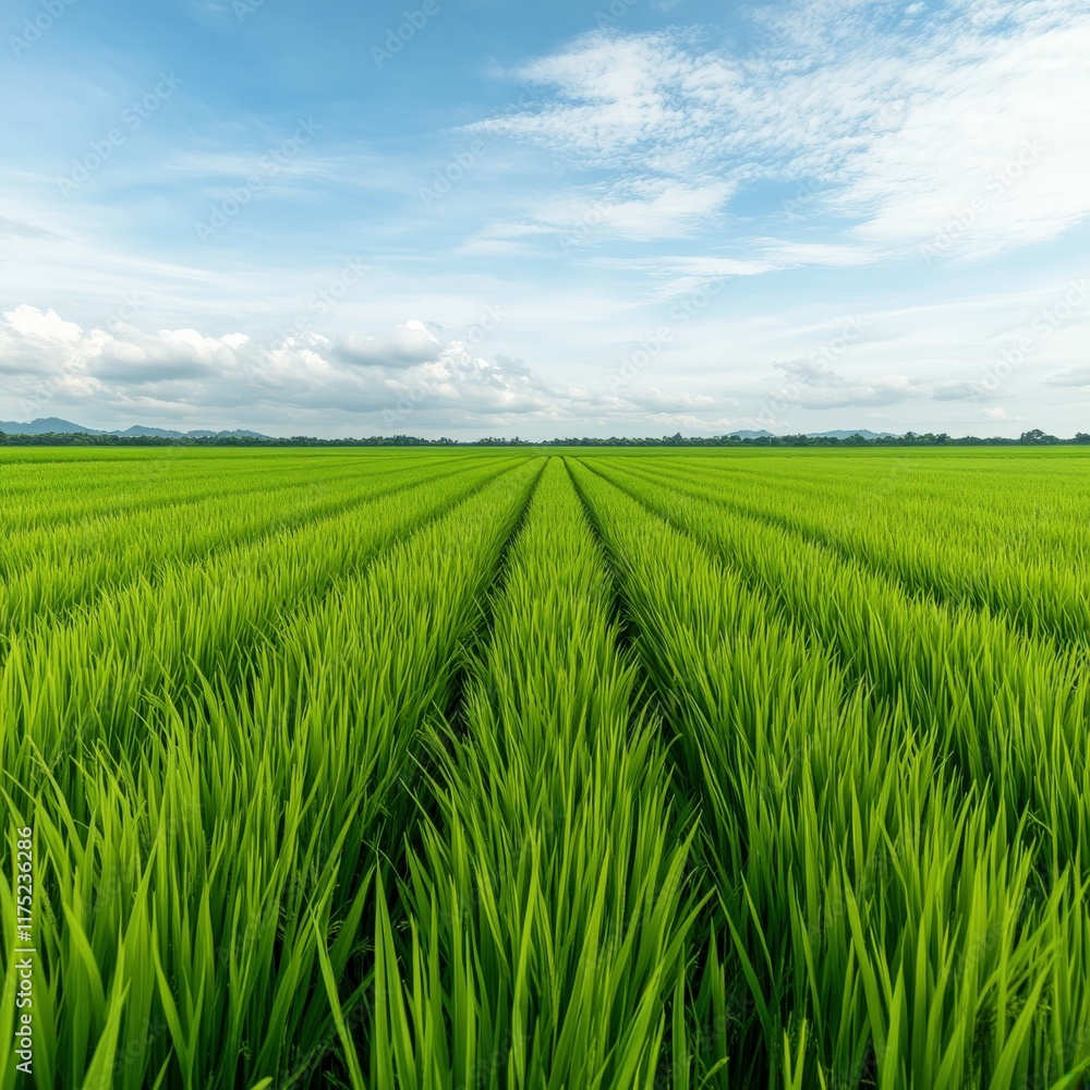 Lush green rice fields stretching under a bright blue sky in rural landscape Lush green rice fields stretching under a bright blue sky in rural landscape