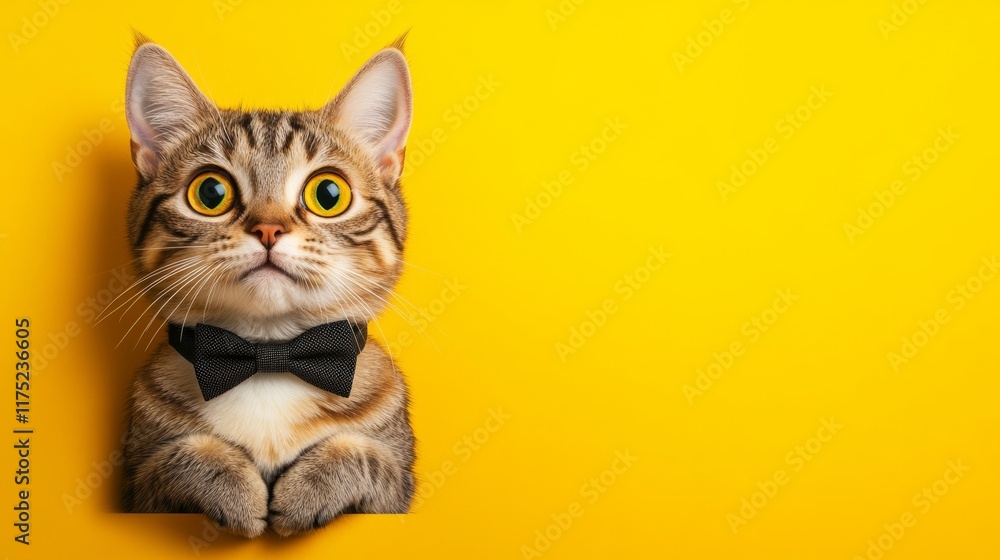 custom made wallpaper toronto digitalCat wearing a black bow tie is staring at the camera. The cat's eyes are wide open, and it is looking directly at the viewer. The yellow background adds a pop of color to the scene