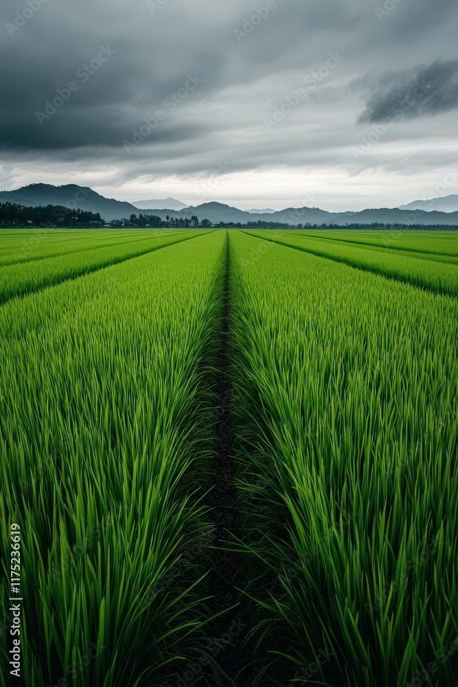Fototapeta premium Lush green rice field under a cloudy sky in rural landscape