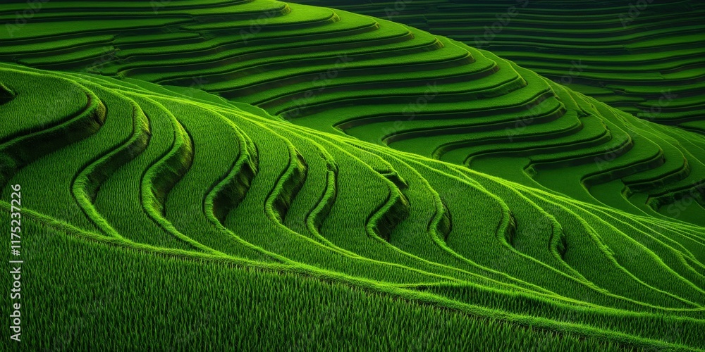Fototapeta premium Lush green rice terraces cascade down the hills under soft sunlight