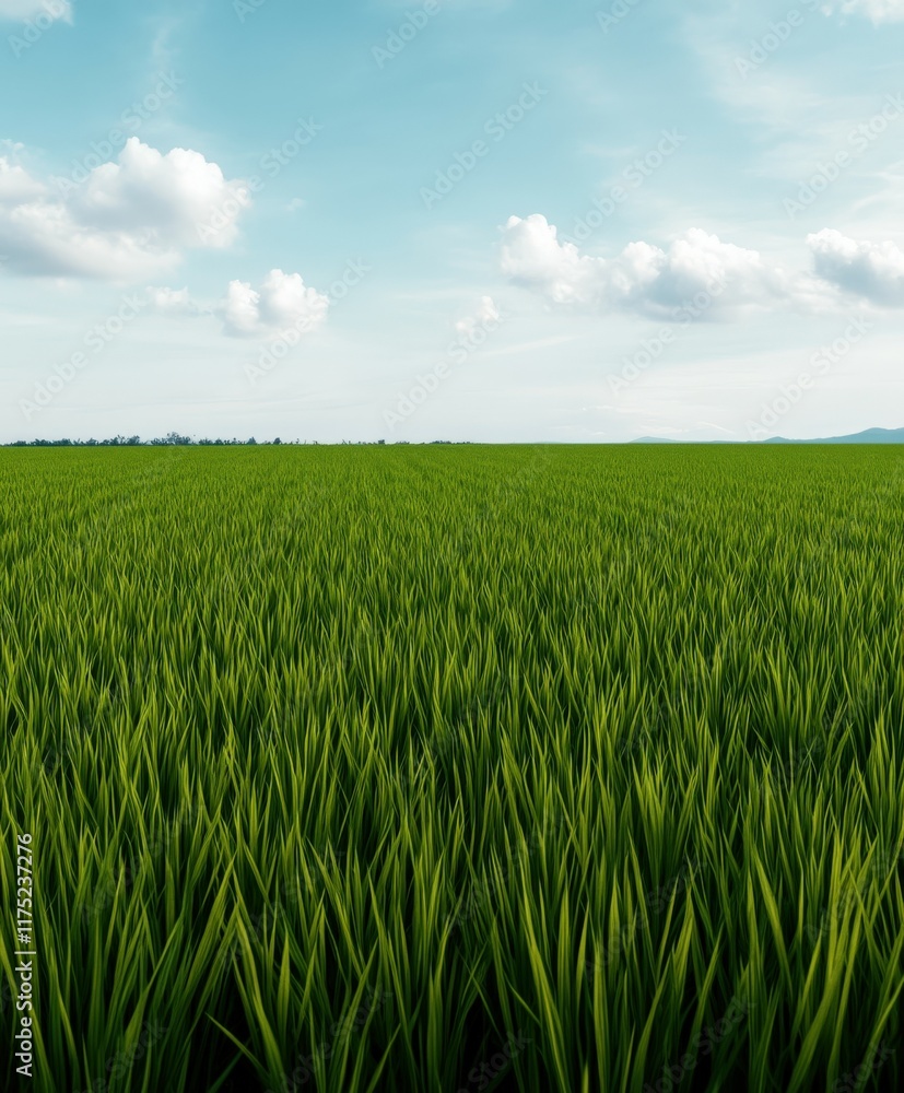 Vast green rice field under a clear sky with scattered clouds Vast green rice field under a clear sky with scattered clouds