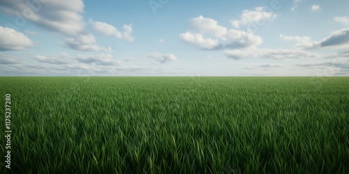 Lush green grass field under a bright blue sky with fluffy clouds
