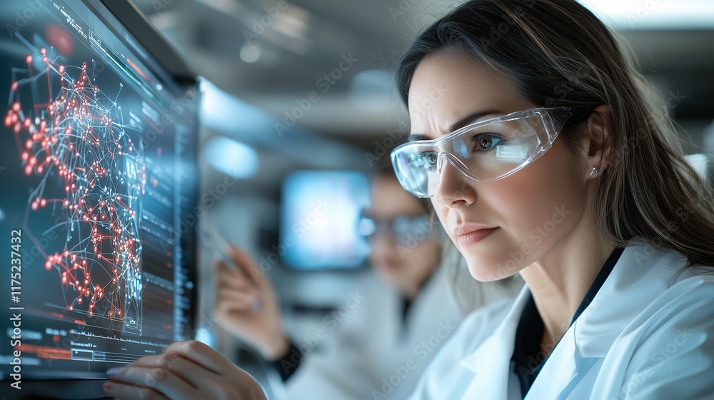 Fototapeta premium Two female scientists in a modern laboratory, focused on conducting research using advanced equipment surrounded beakers test tubes and scientific instruments under soft lighting innovation science