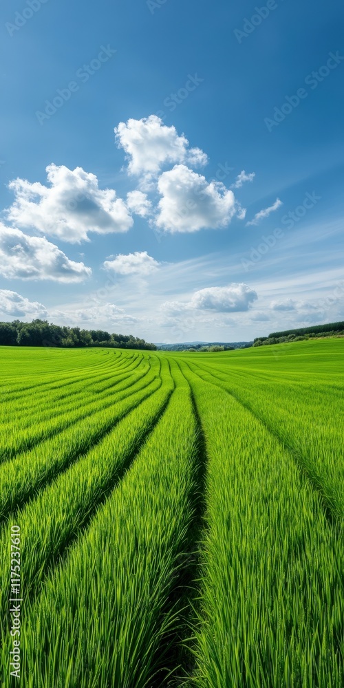 Vibrant green rice fields under a clear blue sky in rural landscape Vibrant green rice fields under a clear blue sky in rural landscape