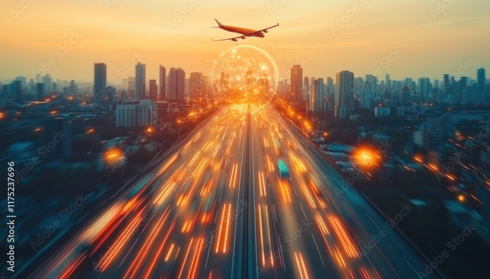 Fototapeta premium Airplane Flying Over Futuristic City Highway with Vibrant Light Trails