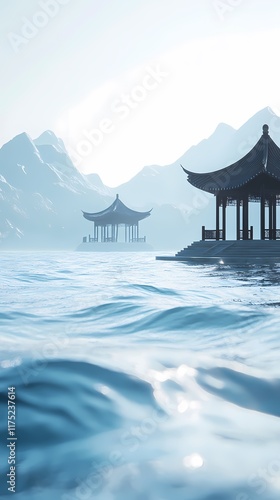 Traditional Chinese Blue Mountains and Pavilions Poster Background photo