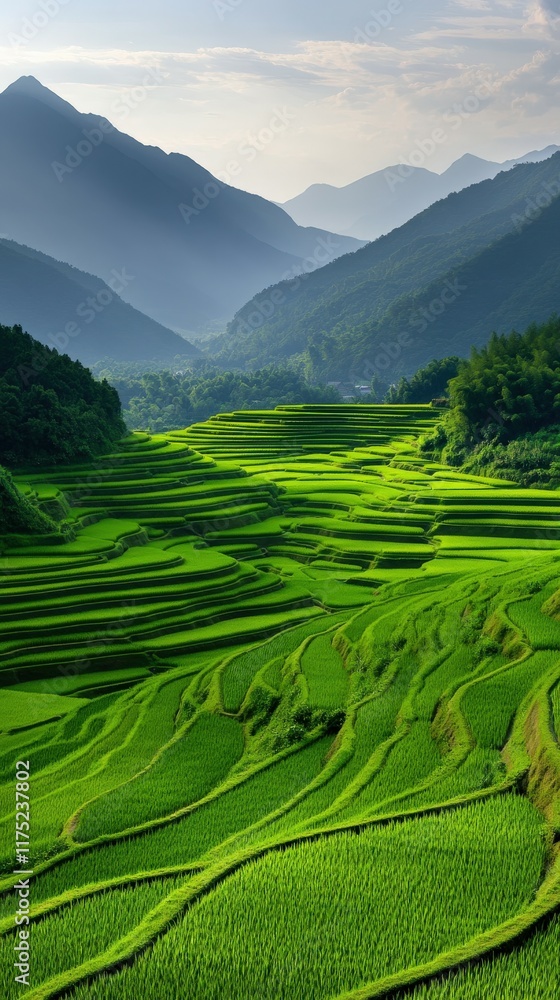 Obraz premium Lush green terraced rice fields against mountainous backdrop in golden hour