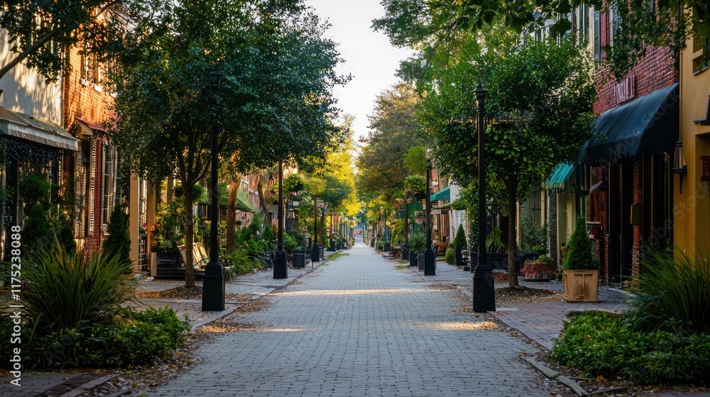 Serene Morning on a Charming Brick Street Serene Morning on a Charming Brick Street
