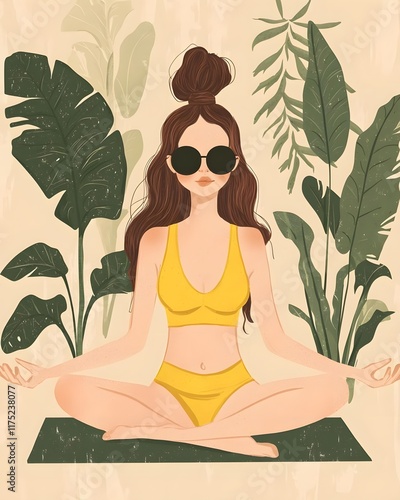 Wallpaper Mural Woman in a yellow bikini meditating among lush green plants. Torontodigital.ca