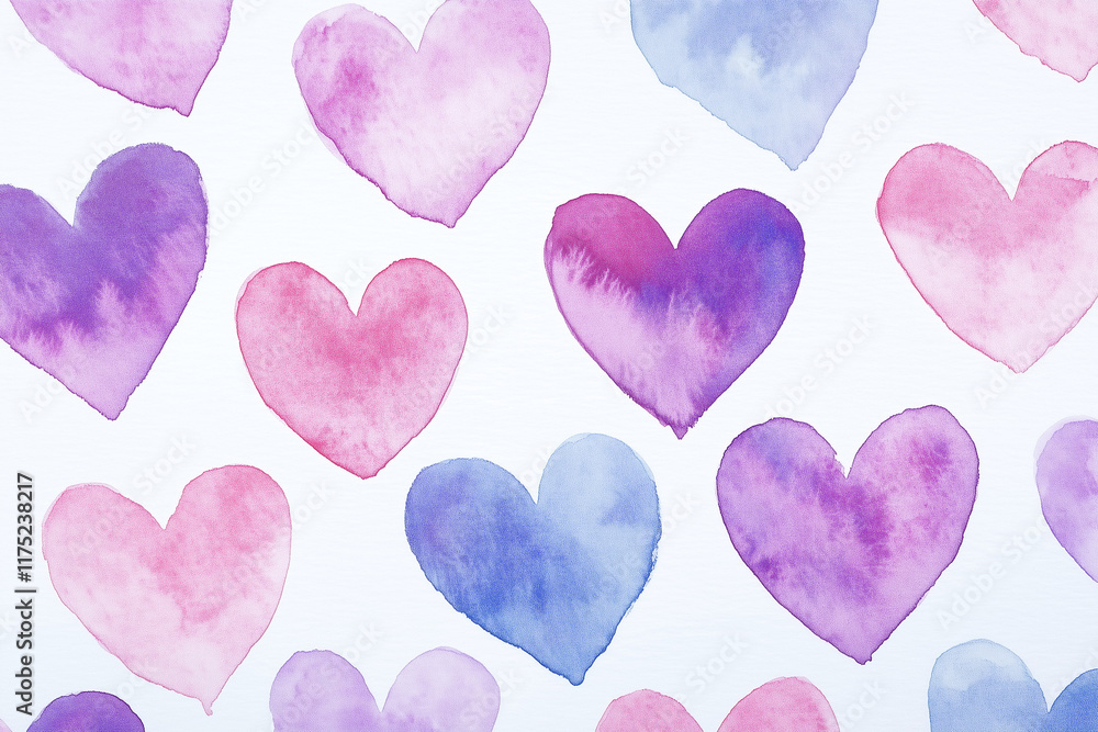 Fototapeta premium Watercolor light pink and purple hearts, valentine concept