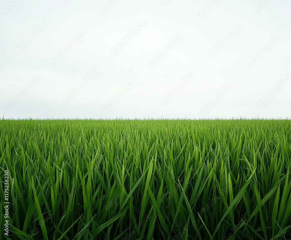Lush green grass field stretches under a clear sky at midday Lush green grass field stretches under a clear sky at midday