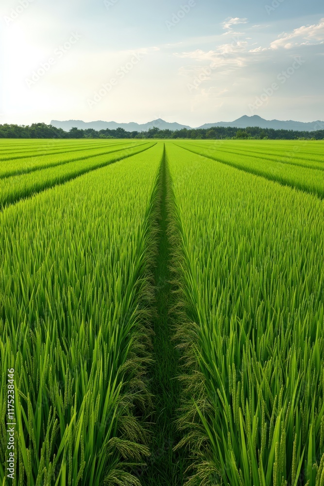 Lush green rice paddies stretch under a bright sky in rural landscape Lush green rice paddies stretch under a bright sky in rural landscape