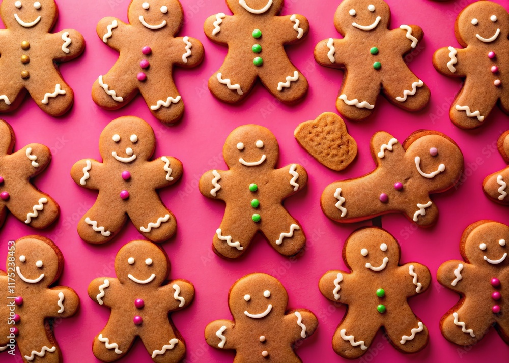 Smiling Gingerbread Men Cookies Pink Background Flat Lay Stock Photo Smiling Gingerbread Men Cookies Pink Background Flat Lay Stock Photo
