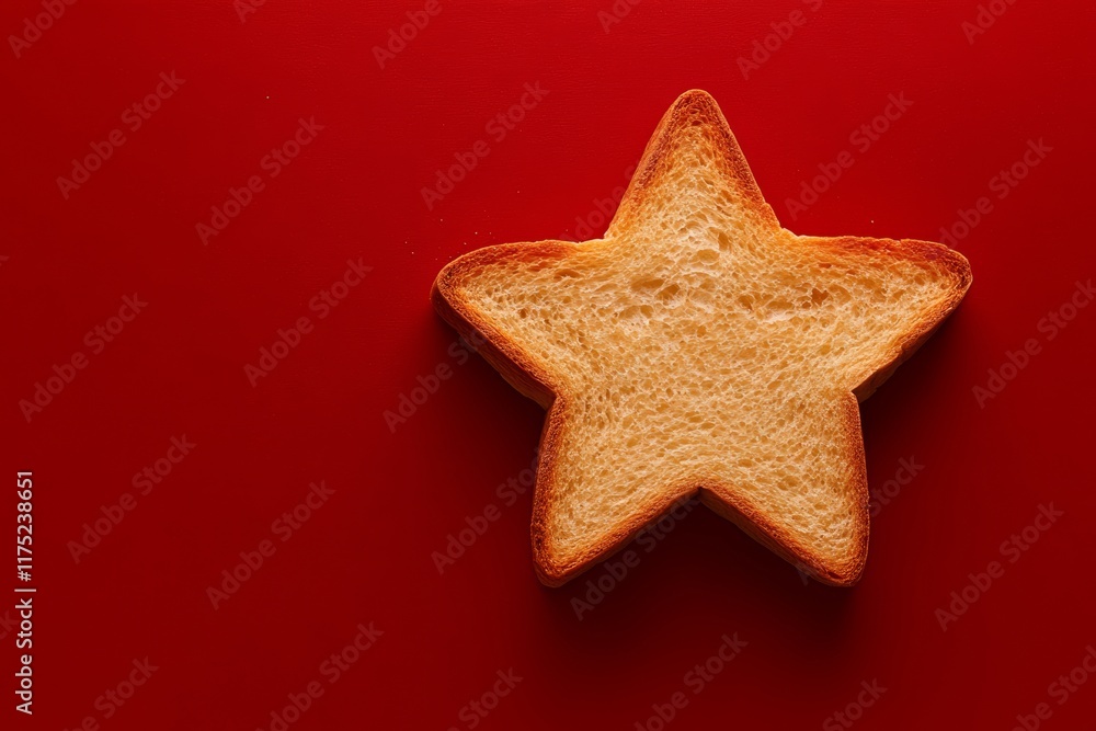 Star made out of bread is on a red background. The bread star is toasted and has a crispy texture Star made out of bread is on a red background. The bread star is toasted and has a crispy texture