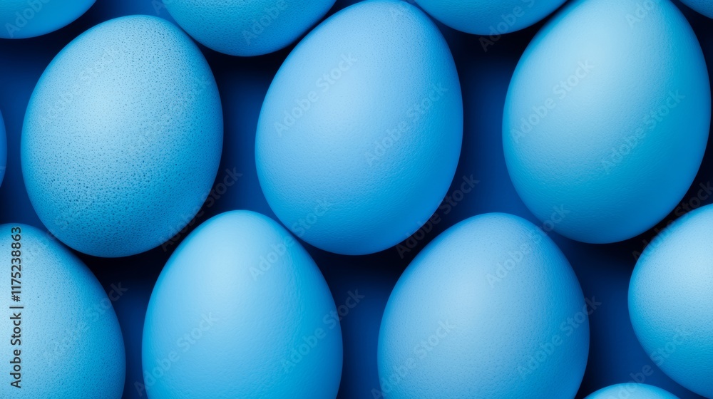 Row of blue eggs are laid out on a blue background. The eggs are all different sizes and are laid out in a neat row Row of blue eggs are laid out on a blue background. The eggs are all different sizes and are laid out in a neat row